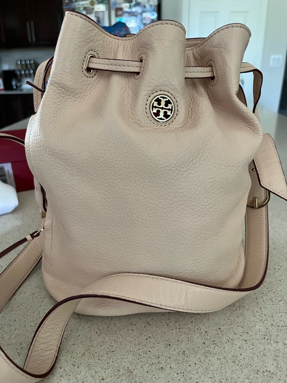 Tory Burch Soft Leather Drawstring Crossbody Bucket Bag